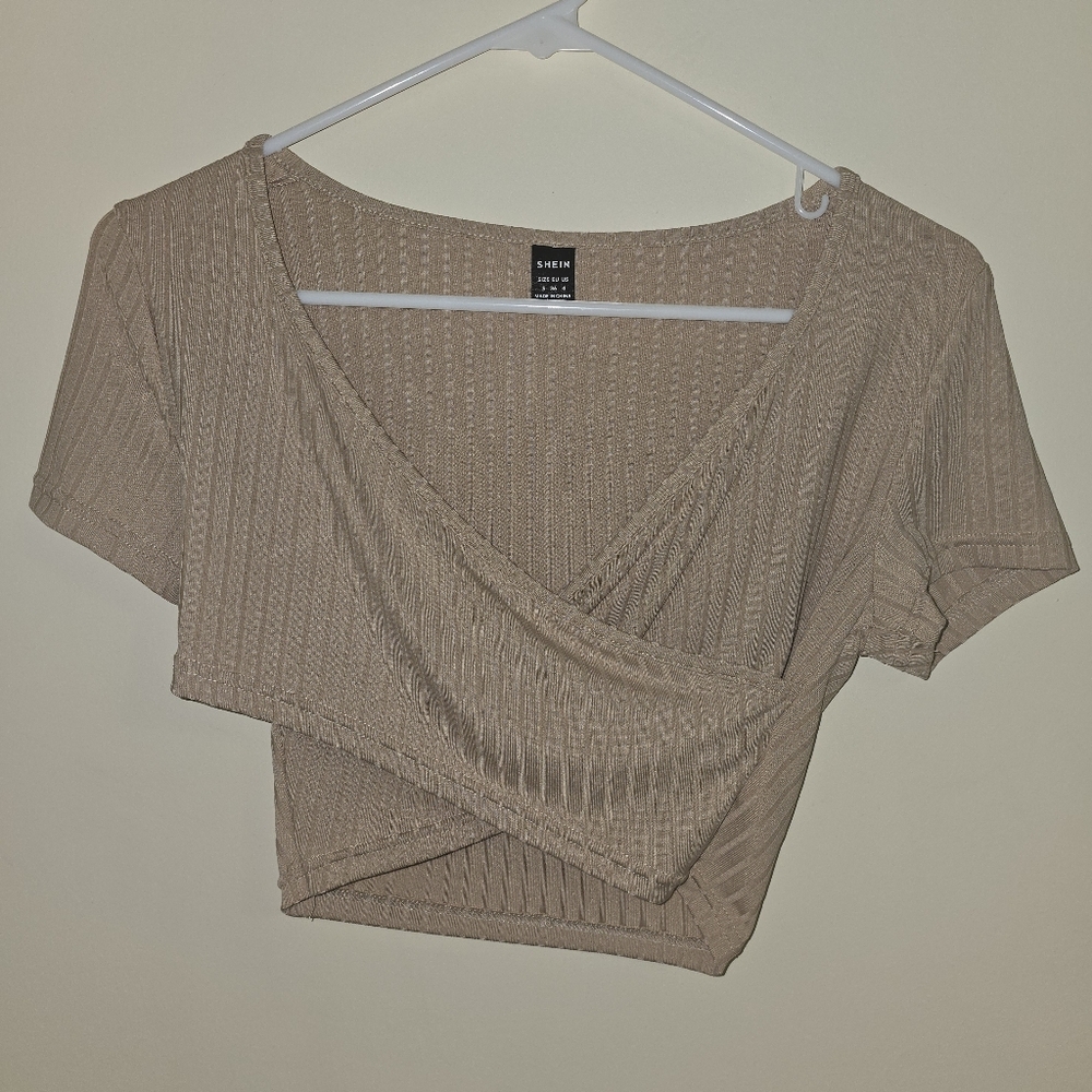 SHEIN Beige Ribbed Wrap Crop Top Size: Small - Picture 1 of 4